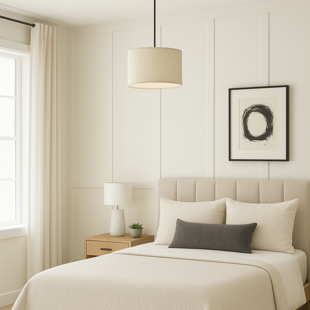 Neatly made bed with beige bedding in a bedroom setting.