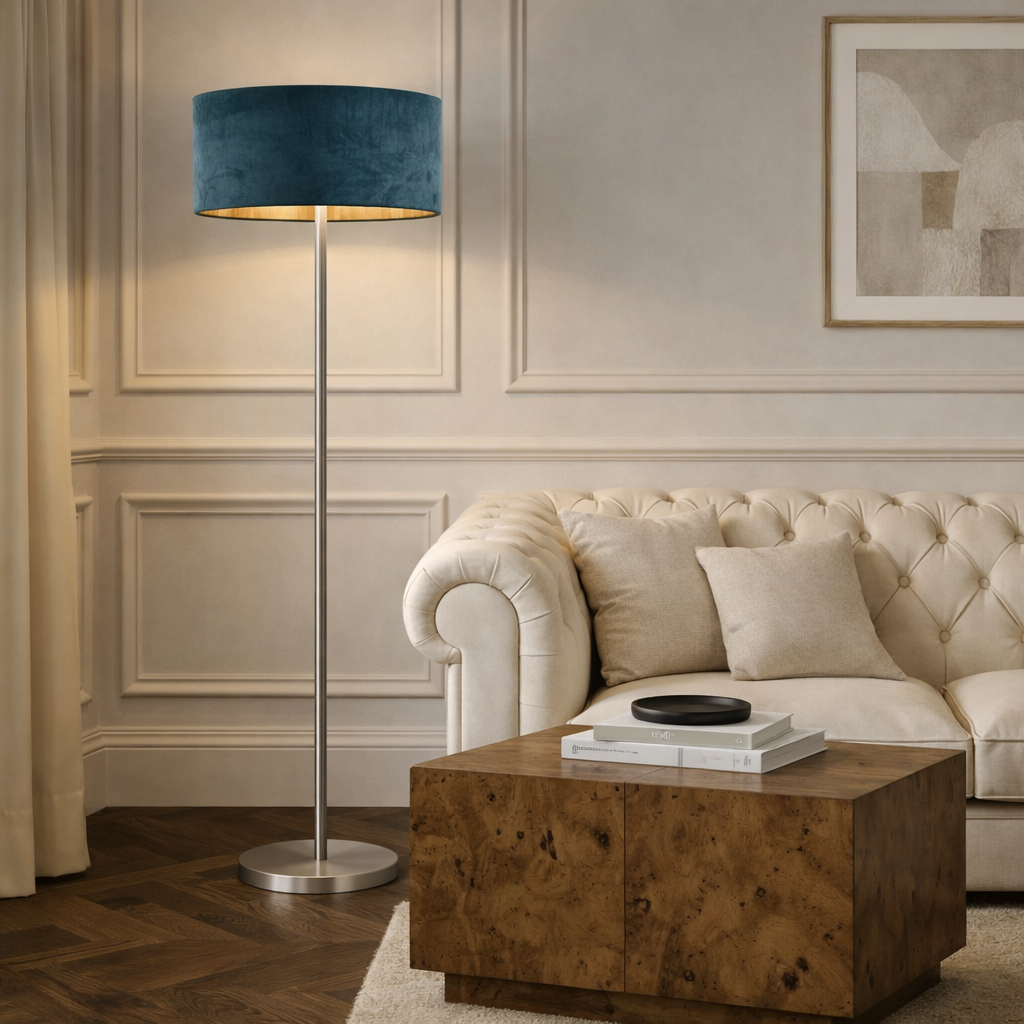CGC Lena Brushed Nickel Straight Floor Lamp with 45cm Large Velvet Lampshade