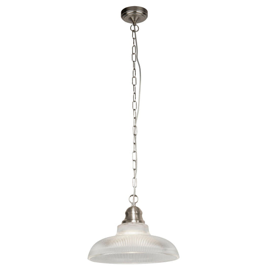 Our Bistro II pendant light has a modern and sophisticated look that will add style and elegance to any home. The ceiling light would look perfect positioned over a dining table or in multiples over a kitchen island. The shade is constructed from high quality glass in a ribbed pattern and complemented with a brushed silver chain and ceiling rose.