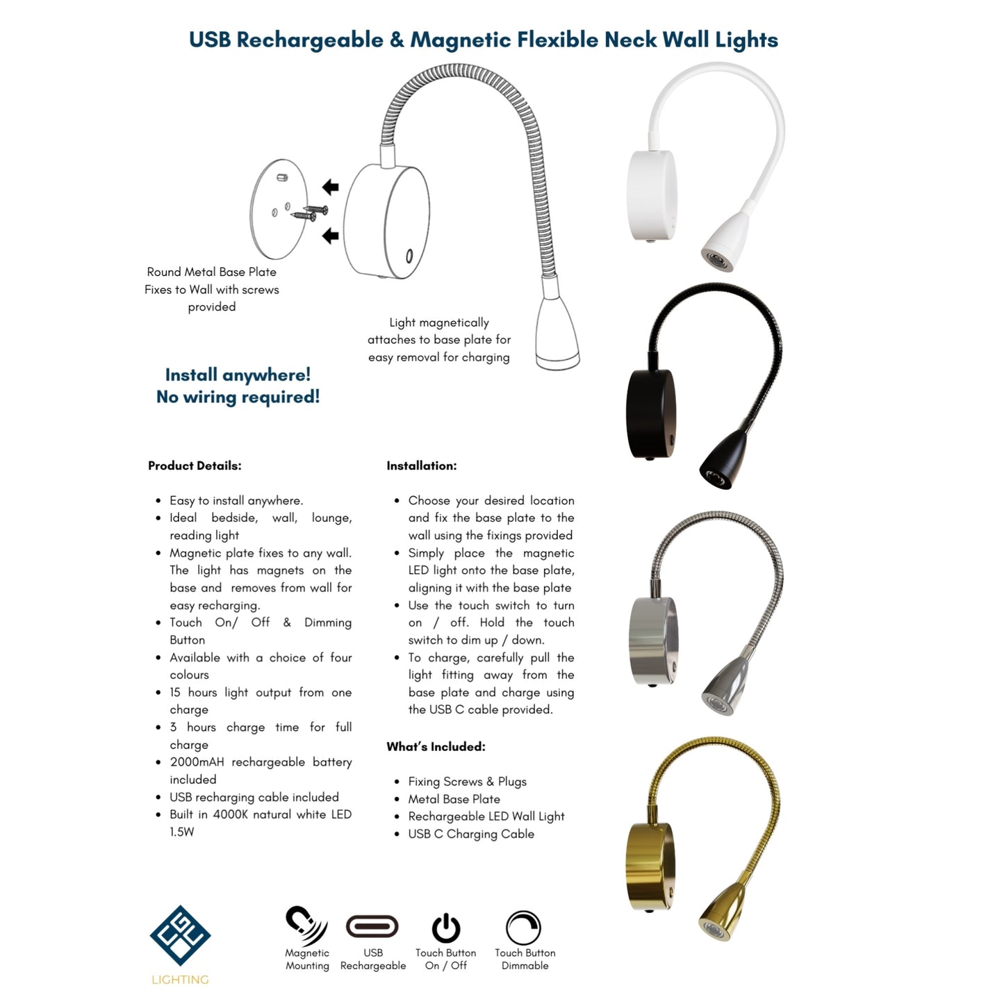 CGC MATILDA Black Adjustable Flexible Neck LED Rechargeable Magnetic USB Reading Bedside Wall Light