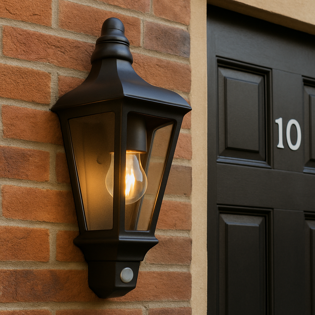 Black outdoor wall light fixture on a brick wall next to a door with the number 10.