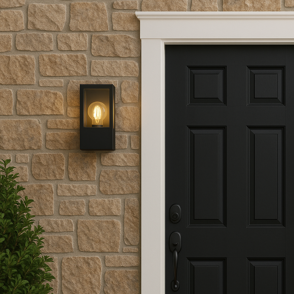 Black door with a wall-mounted light fixture on a stone wall.