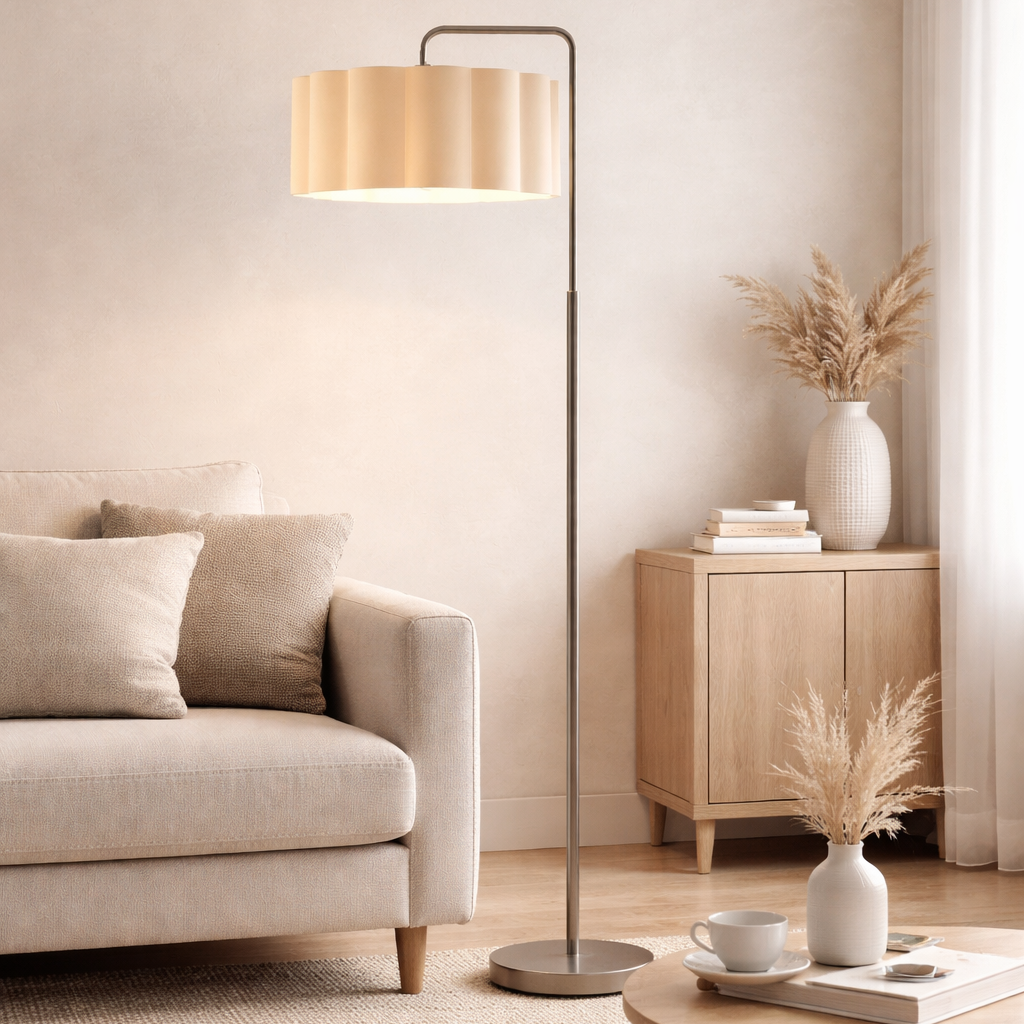 Modern living room with a floor lamp, sofa, and coffee table.