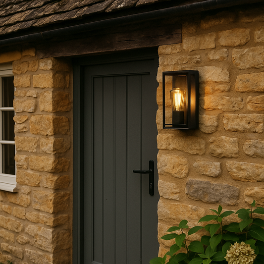 Stone building with a gray door and outdoor light fixture