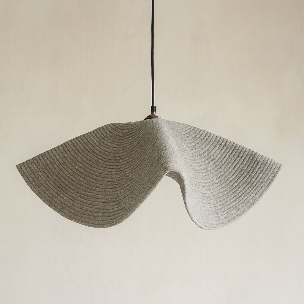 Modern pendant light with a textured design on a neutral background