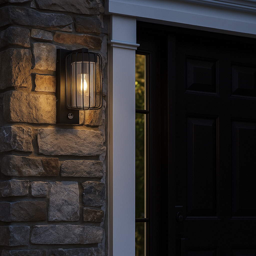 Outdoor wall light fixture on a stone wall next to a door