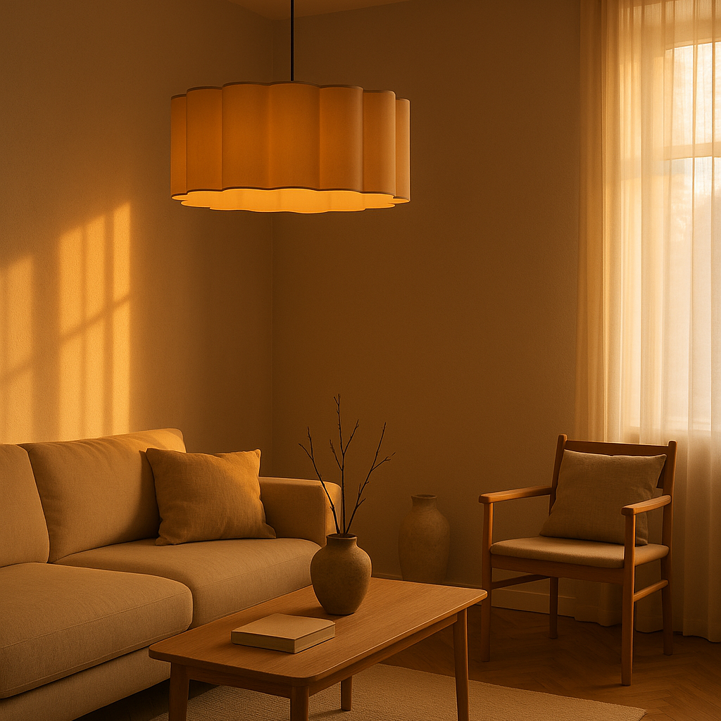 Cozy living room with beige sofa, wooden coffee table, and chair under warm lighting.