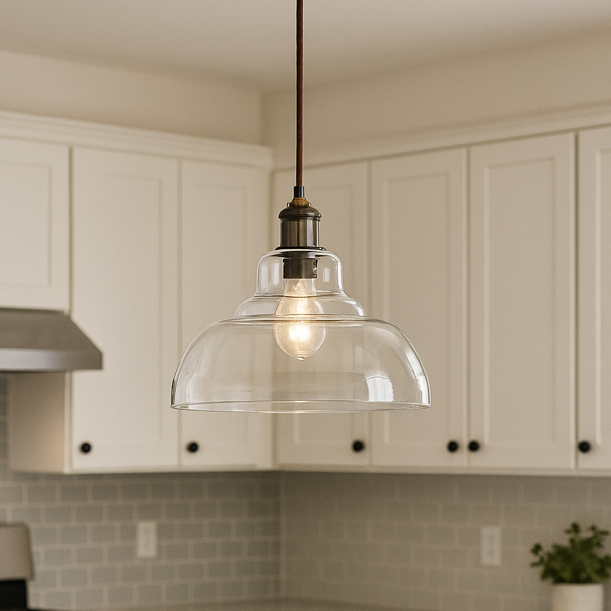 Modern kitchen with white cabinets, marble island, and pendant light.