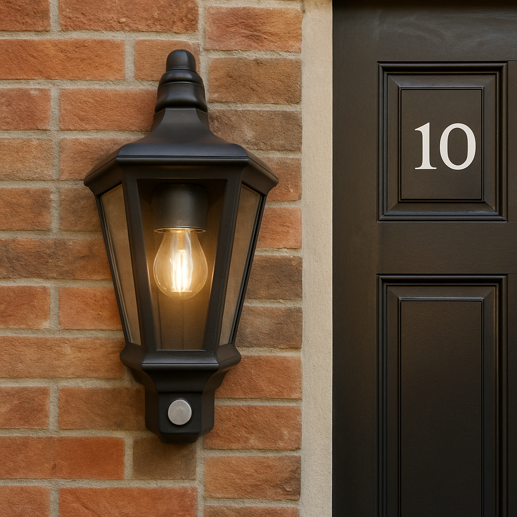 Black outdoor wall light fixture on a brick wall next to a door with the number 10.