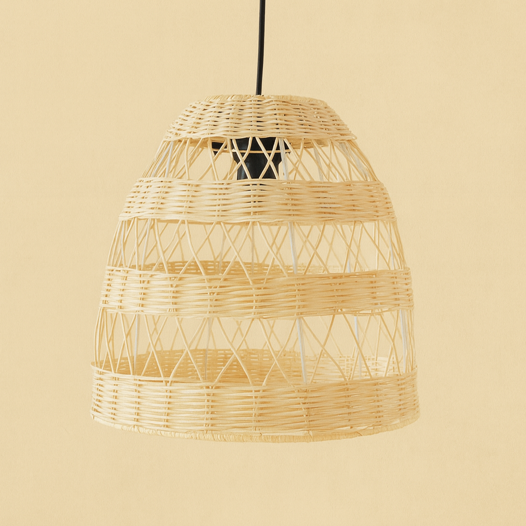Woven rattan pendant light against a beige background