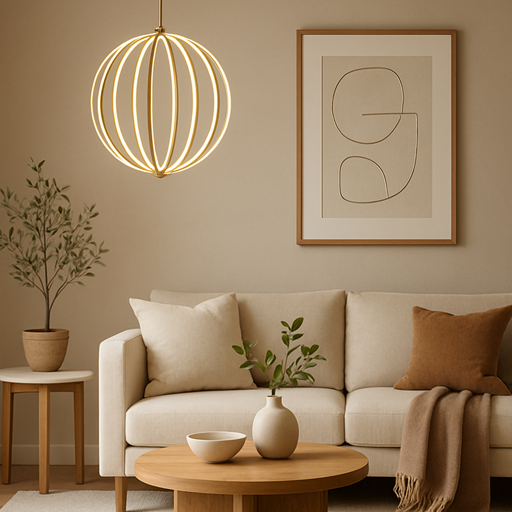 Modern living room with a beige sofa, wooden coffee table, and decorative elements.