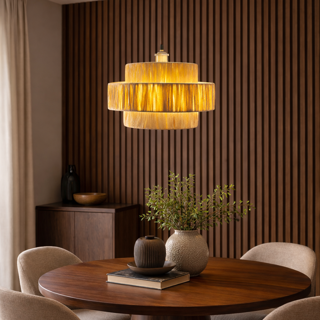 Modern dining room with a round wooden table, chairs, and a decorative lamp.