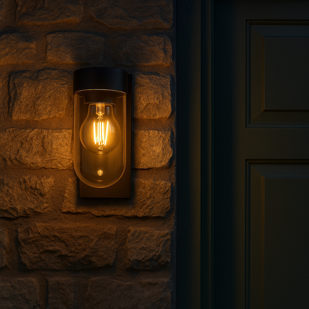 Light fixture on a stone wall next to a dark door