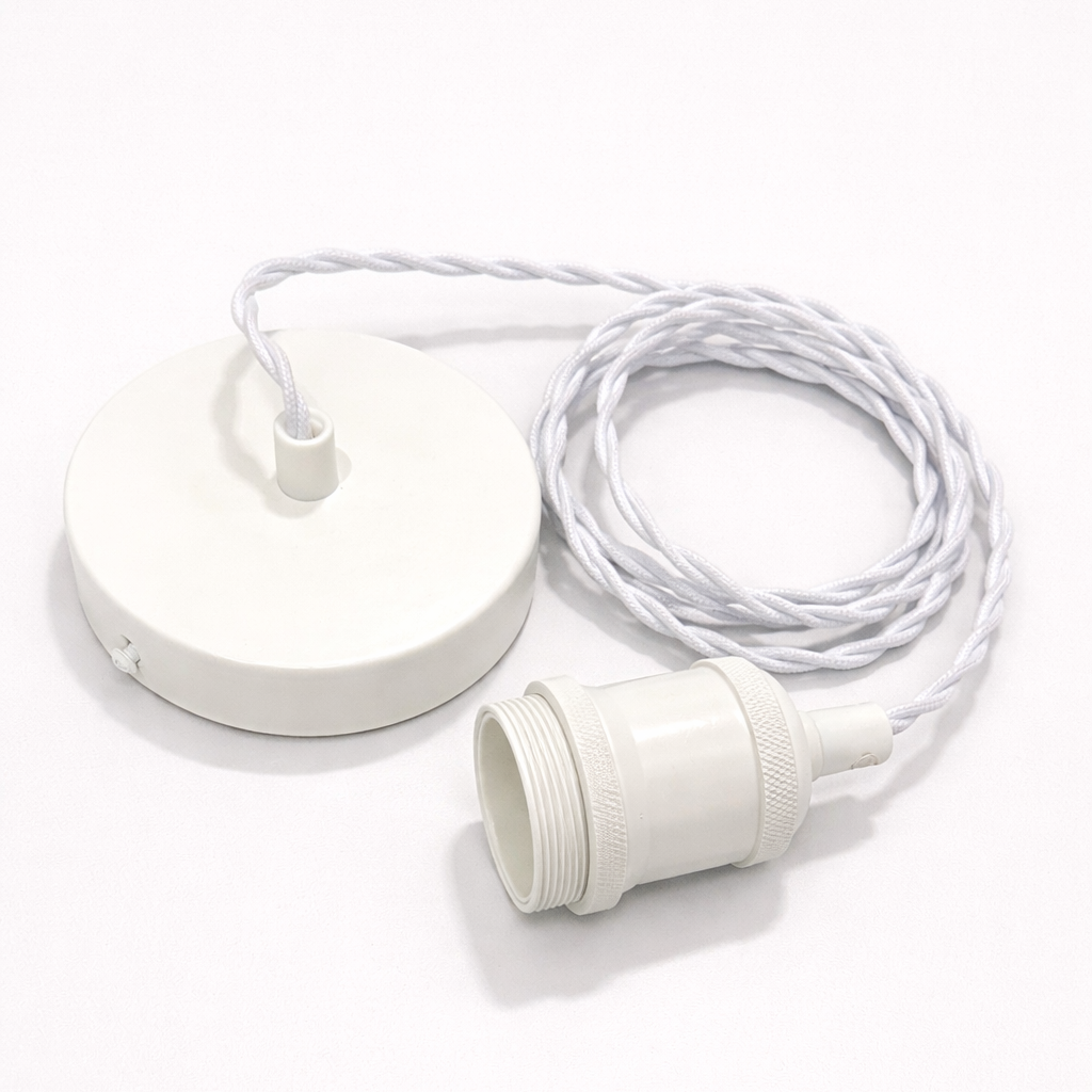 Two white lamp sockets with a coiled cable on a white background