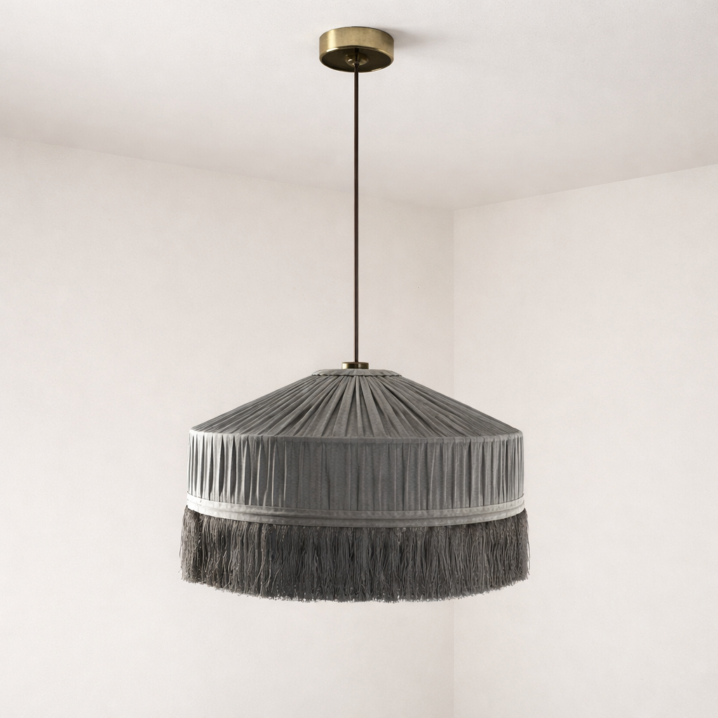 Gray pendant lamp with fringes on a white background