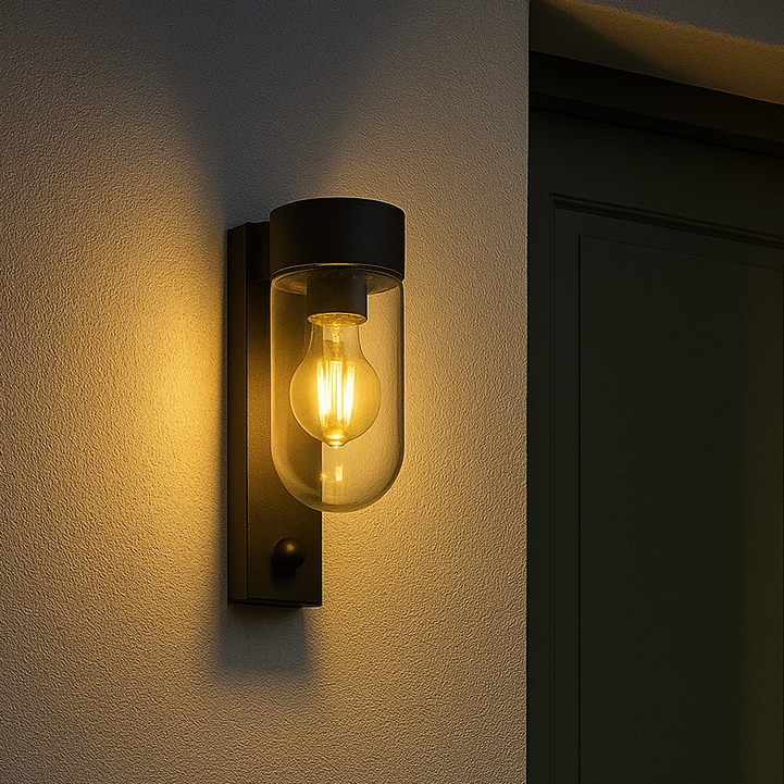 Wall-mounted outdoor light fixture on a building exterior with a door in the background.