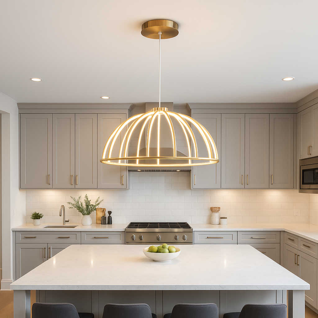 Modern kitchen with a white island, gray stools, and a gold pendant light.
