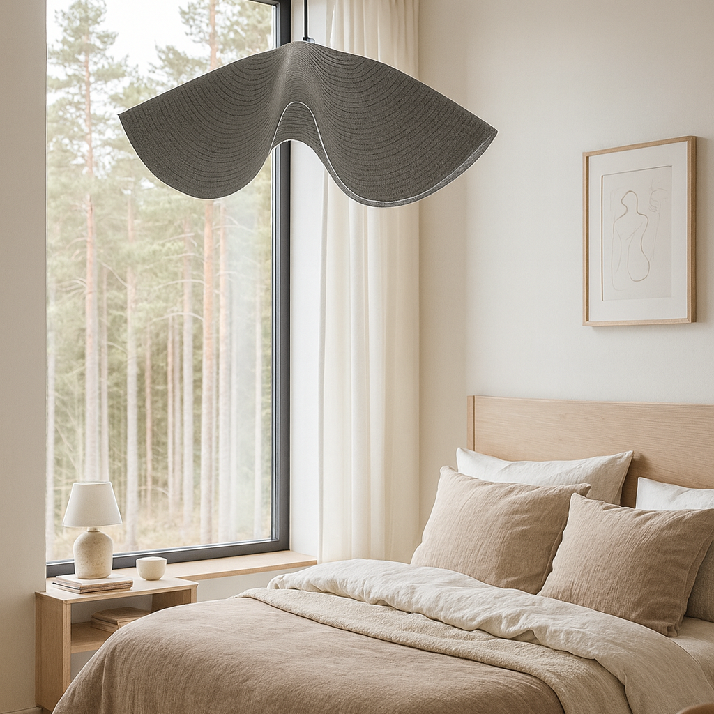 Modern bedroom with a bed, nightstands, and a large window.