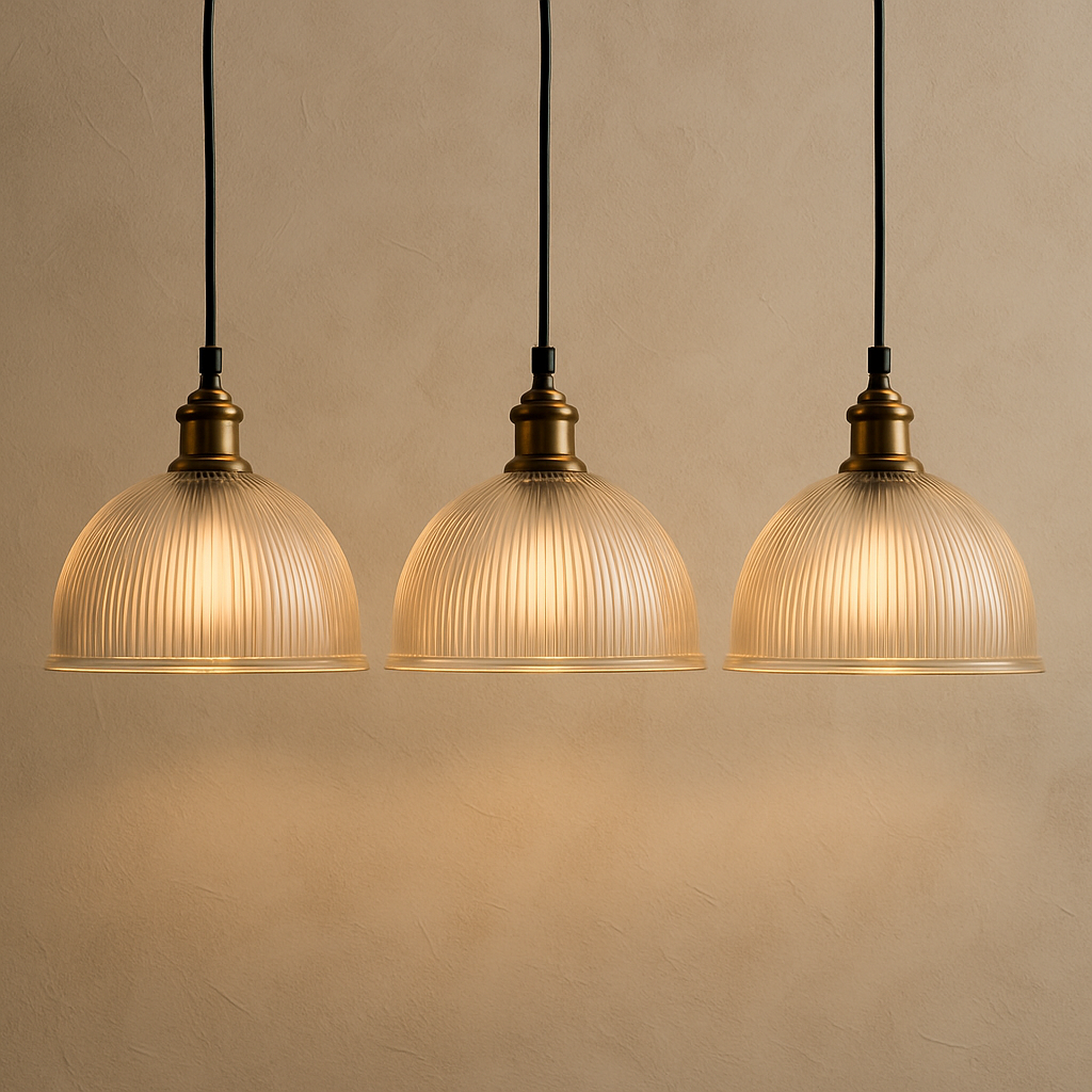 Three pendant lights with ribbed glass shades on a beige background