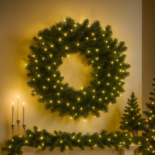 Decorative wreath with lights on a wall above a fireplace with candles and more greenery.