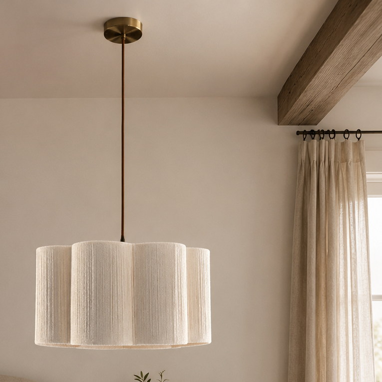 Nestled bedroom with a bed, nightstand, and pendant light.