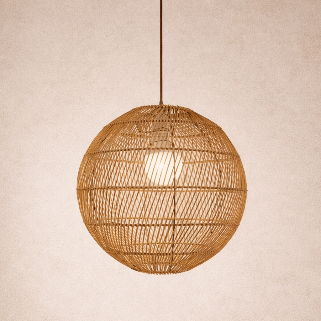 Woven rattan pendant light on a beige background