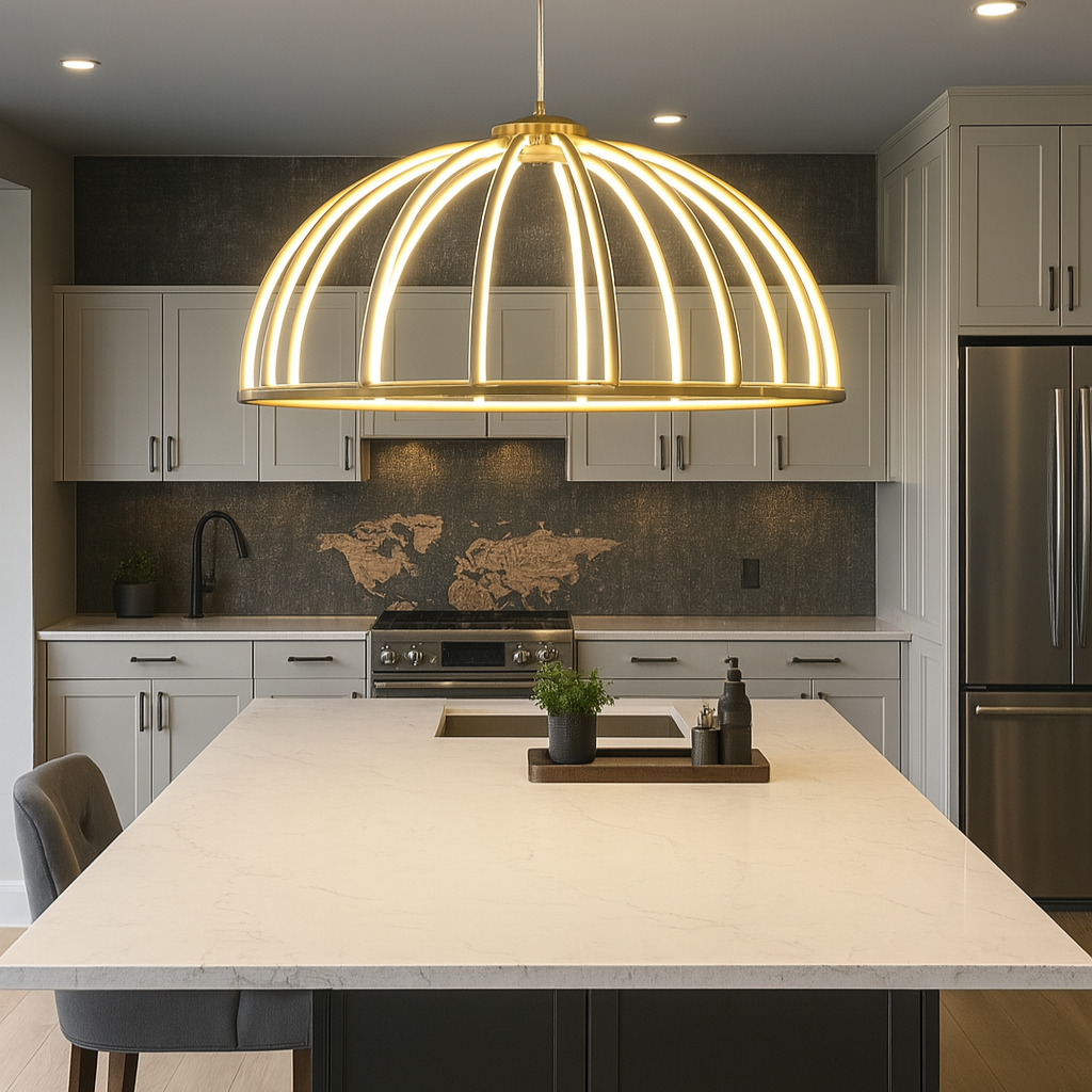 Modern kitchen with a gold pendant light fixture, stainless steel appliances, and a marble island.