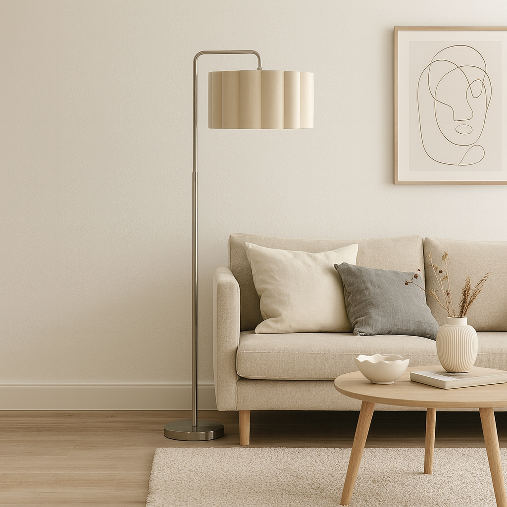 CGC Kyra Brushed Nickel Angled Floor Lamp with Large Scalloped Lampshade