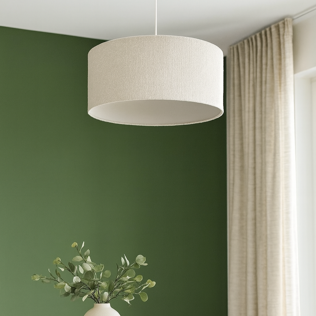 Beige pendant light hanging above a green wall with a plant and beige curtain.