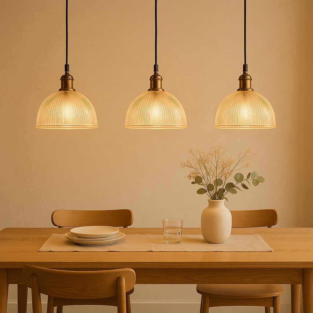 Dining room with wooden table, chairs, and pendant lights casting a warm glow.
