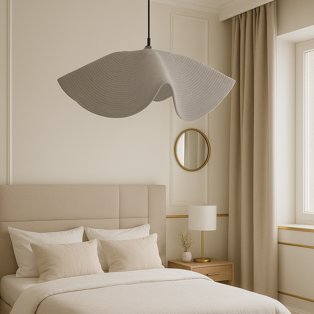 Neatly made bed in a bedroom with a modern light fixture and decor.
