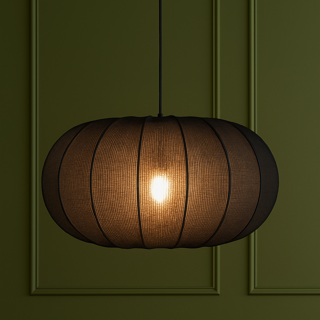 Round pendant light with a textured shade on a green paneled wall