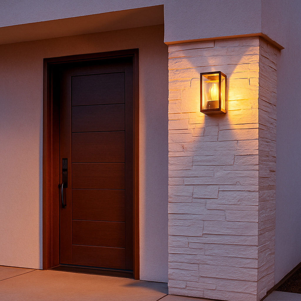 Modern wooden door with a stone column and wall-mounted light fixture on a house exterior.