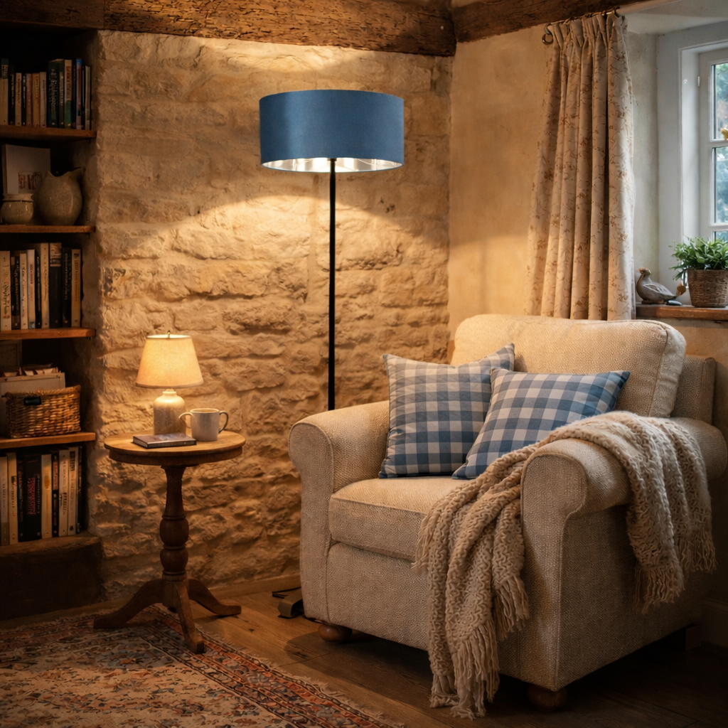 Cozy living room with a beige armchair, plaid cushions, and a blue floor lamp.