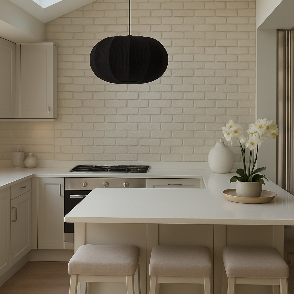 Modern kitchen with white island, stools, and brick wall.
