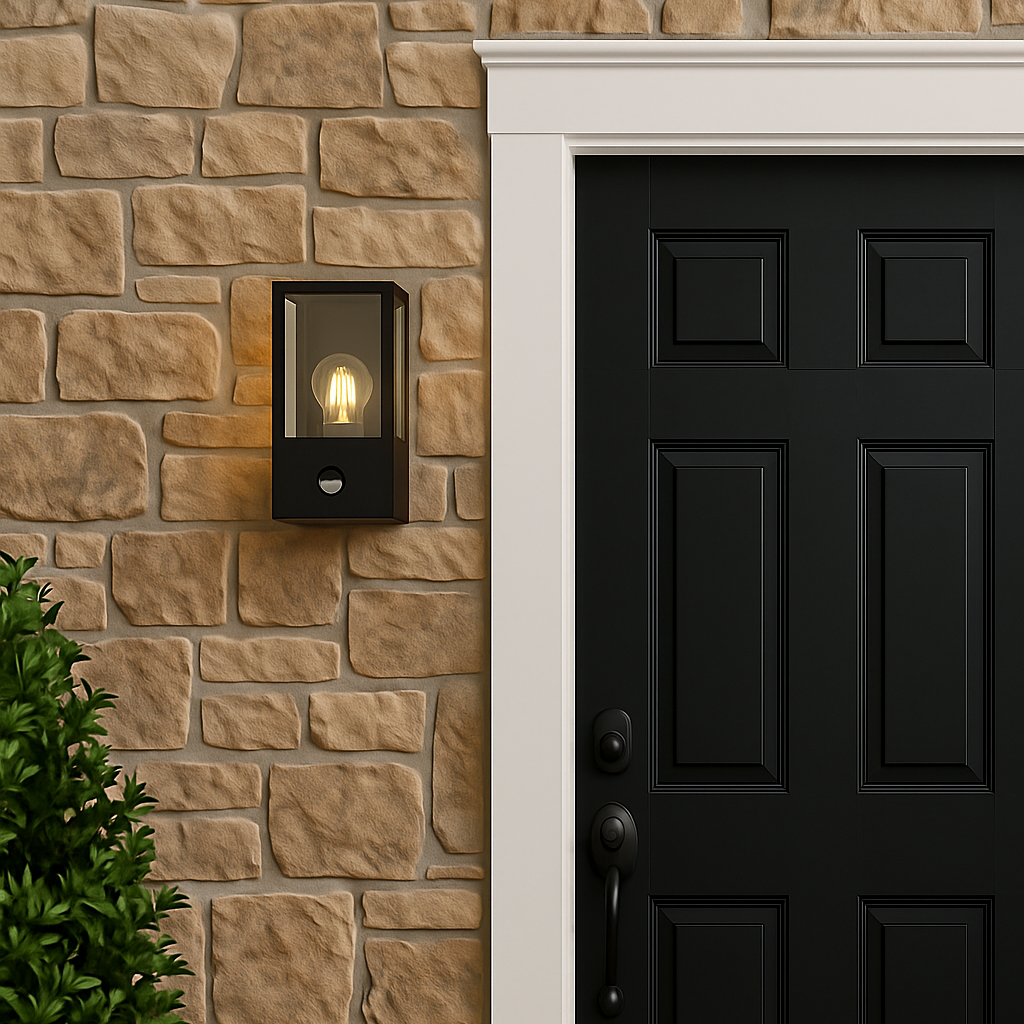 Black door with a light fixture on a stone wall