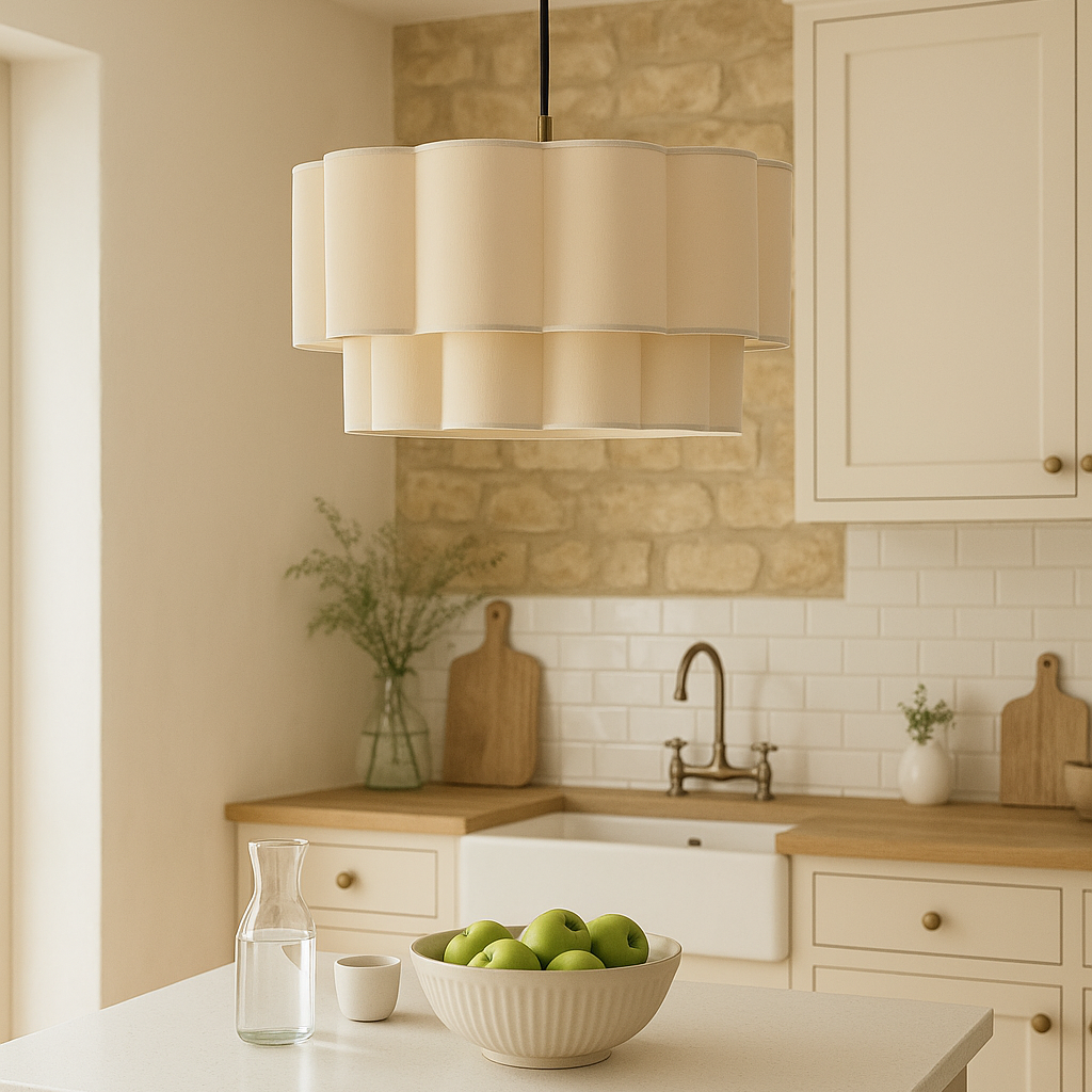 Modern kitchen with white countertops, wooden cabinets, and a pendant light.
