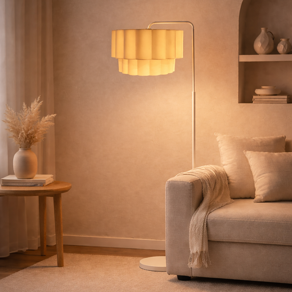 CGC Kyra Cream Angled Floor Lamp with Two Layer Large Scalloped Lampshade