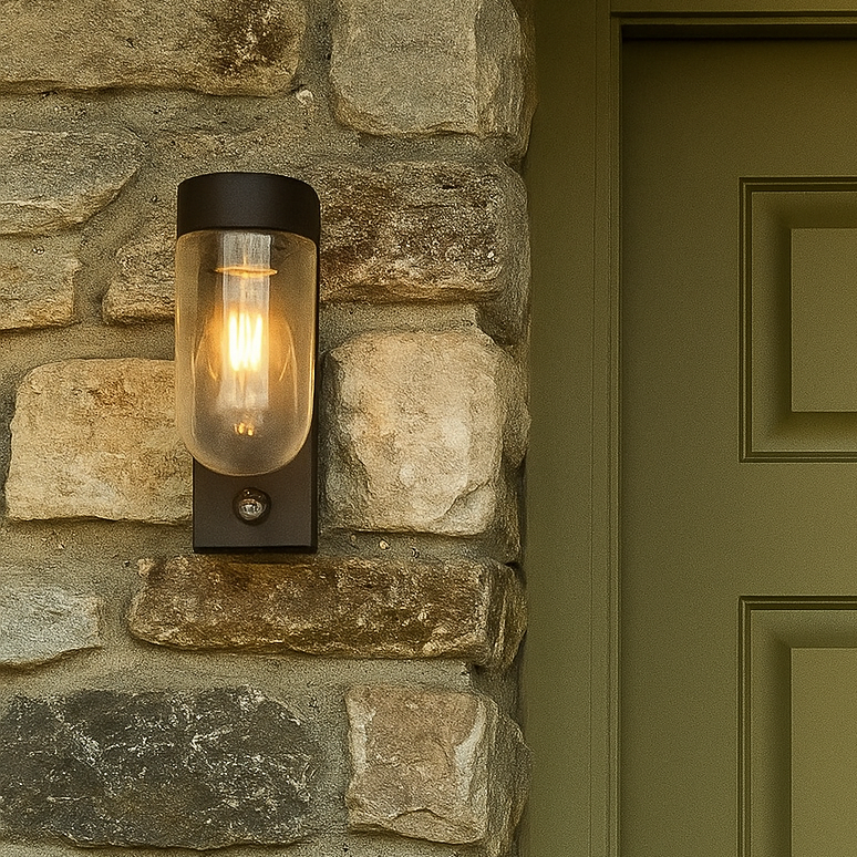 Green door with stone wall and light fixture