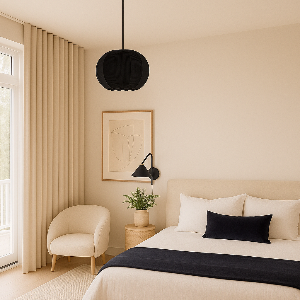 Modern bedroom with beige walls, a bed with black and white bedding, and a black pendant light.