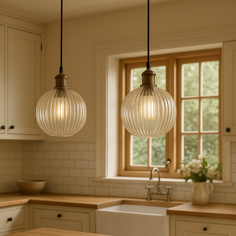 Two pendant lights hanging above a kitchen sink with a window in the background.
