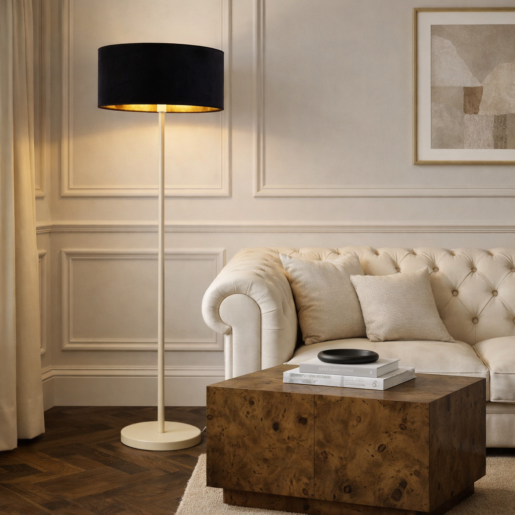 CGC Lena Cream Straight Floor Lamp with 45cm Large Velvet Lampshade