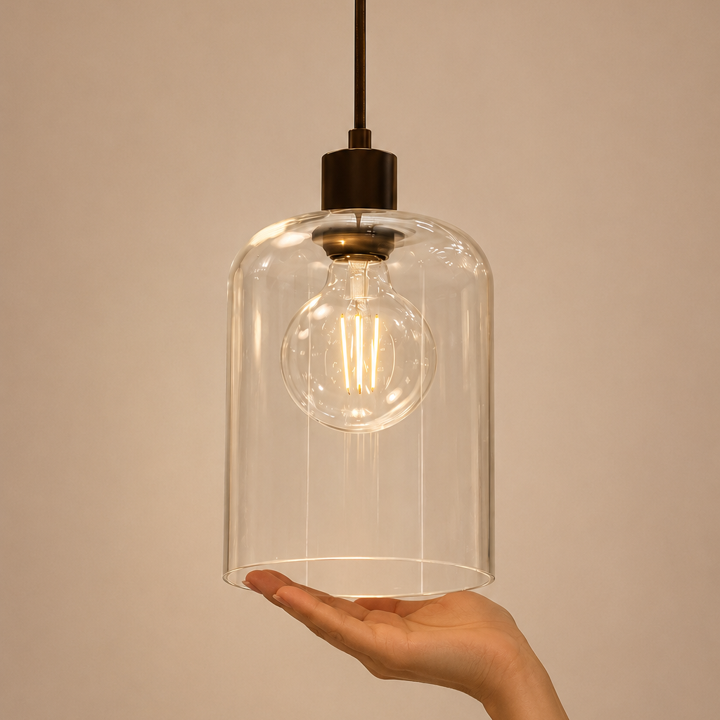 Clear glass pendant light held in a hand against a beige background