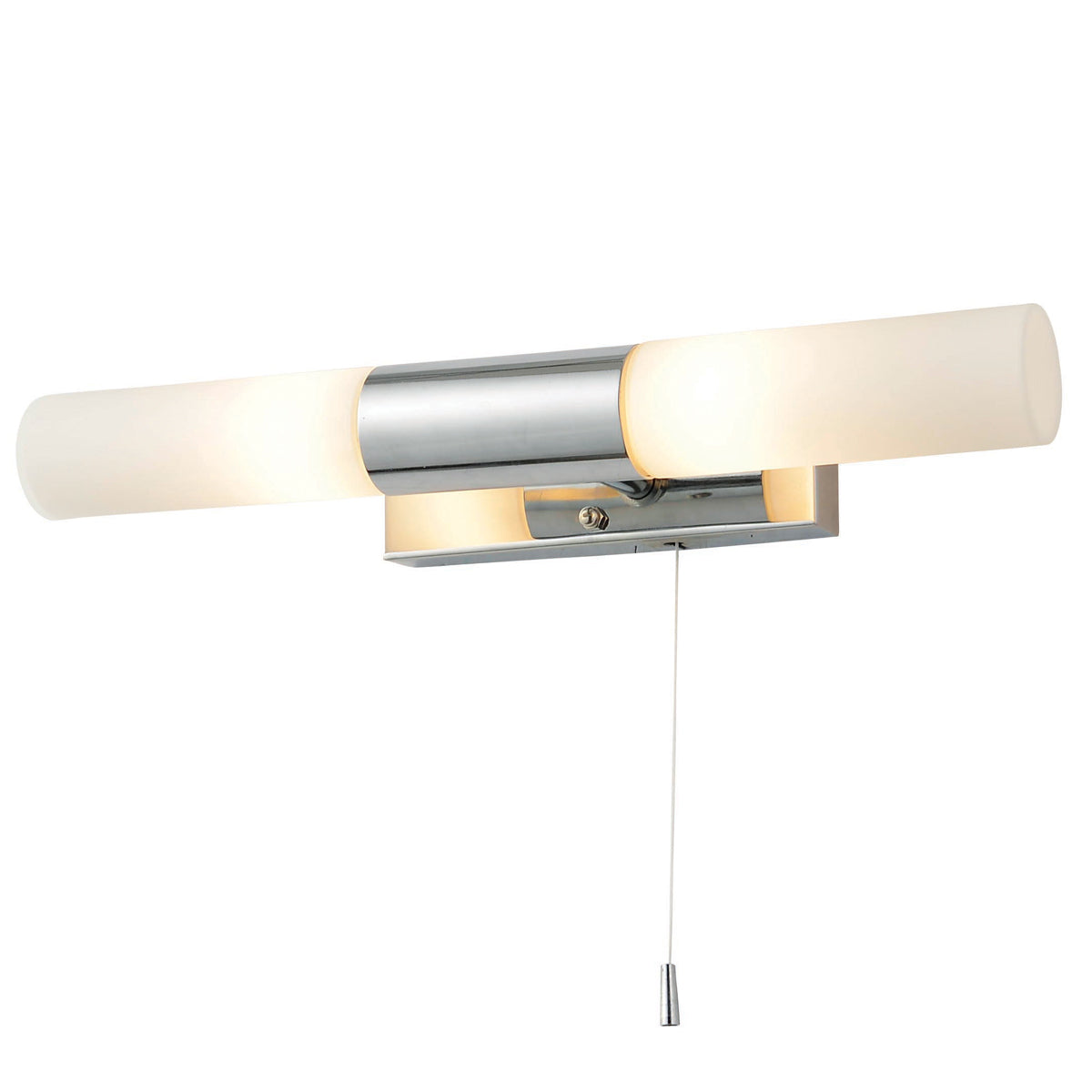 A wall light that is incredibly sleek and modern and would look great in any bathroom. The bathroom will look great with the elegant chrome finish. A soft, gentle light is produced by the two opal white lamps. This wall light has an IP value of IP44 so that you can place it in damp spaces such as the bathroom.