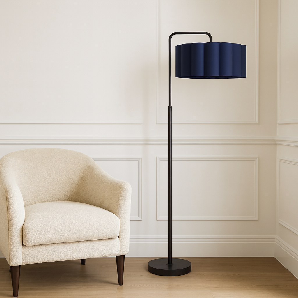 CGC Kyra Matt Black Angled Floor Lamp with Large Scalloped Lampshade