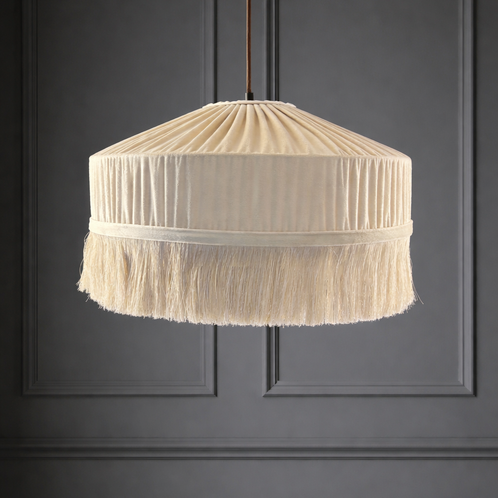 Beige pleated lampshade with tassels on a dark gray panel background