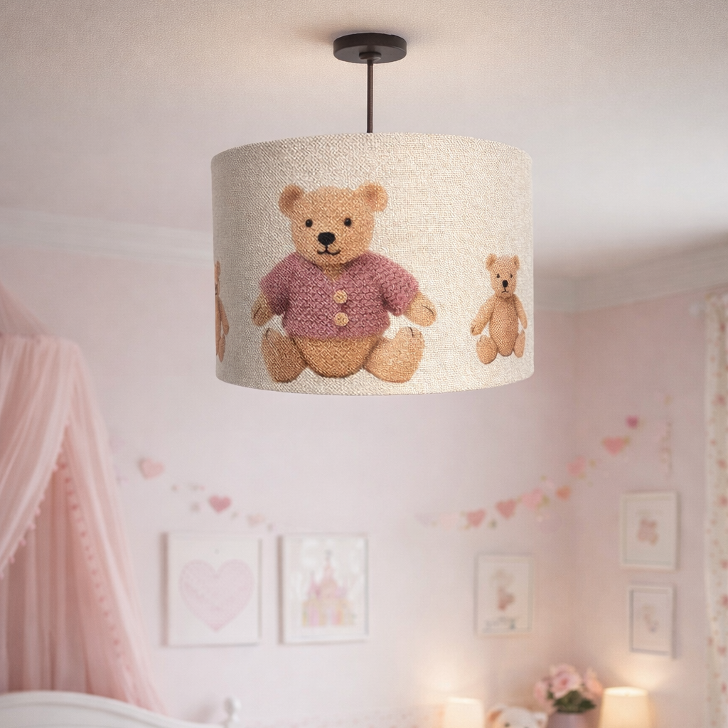 Children's bedroom with teddy bear-themed lampshade, pink bedding, and decorative elements.