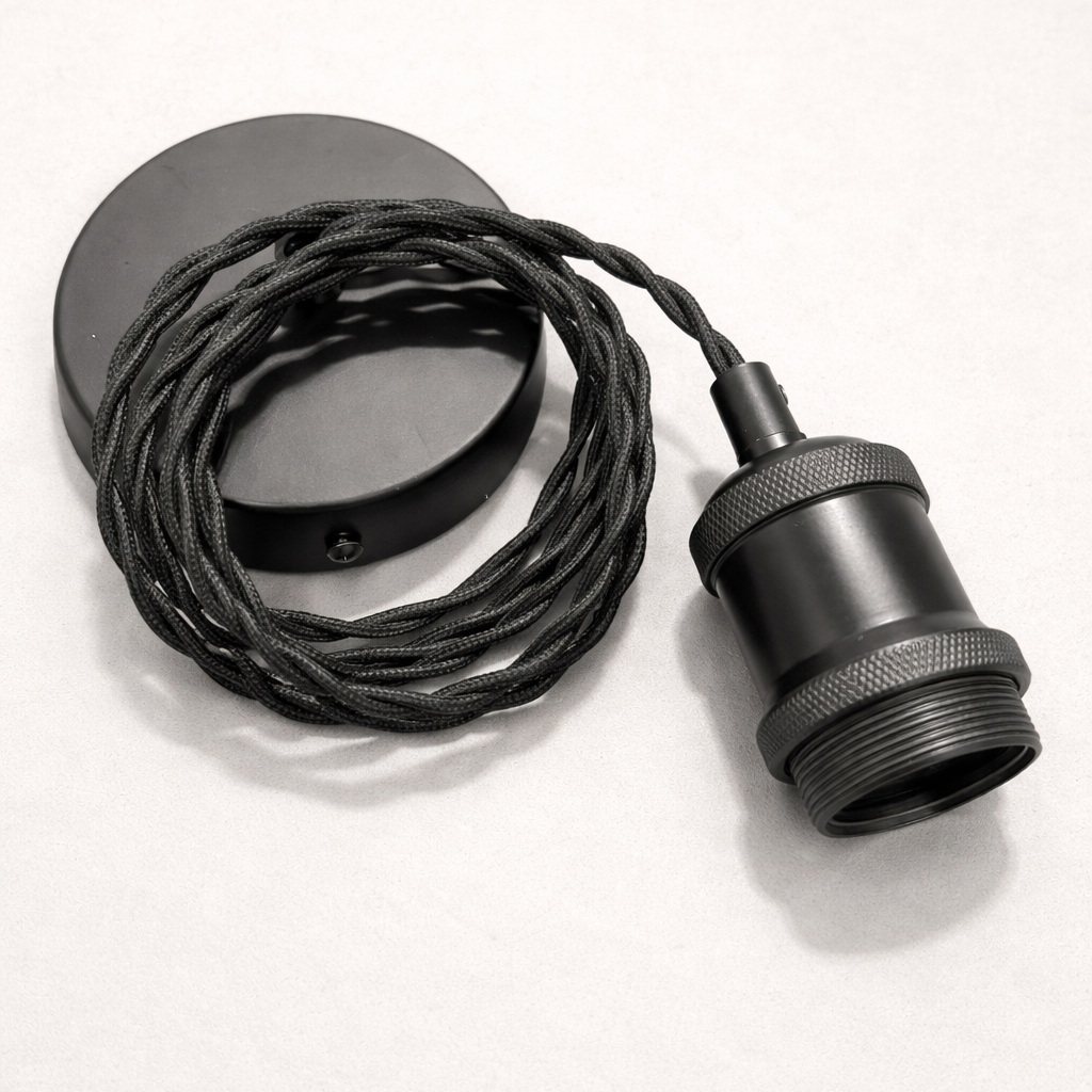 CGC Lacey Matt Black with Black Twisted 1.5m Adjustable E27 Ceiling Cable Pendant and Matching Ceiling Rose