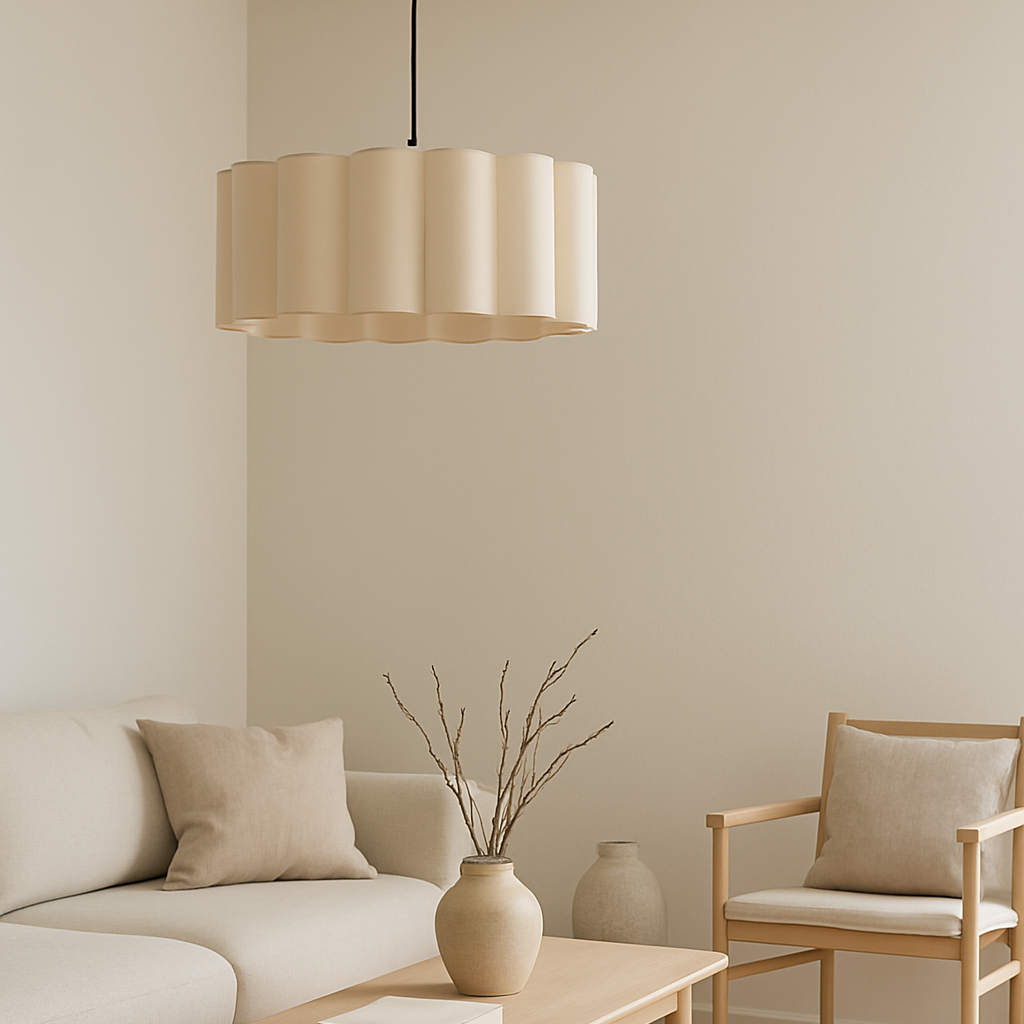 Modern living room with beige sofa, wooden coffee table, and pendant light.