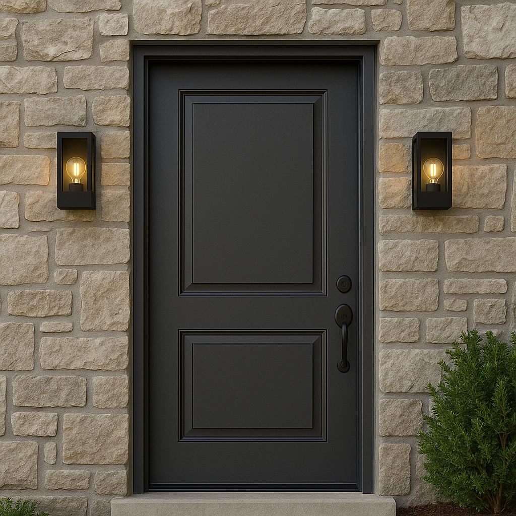 Black door with wall lights on a stone wall